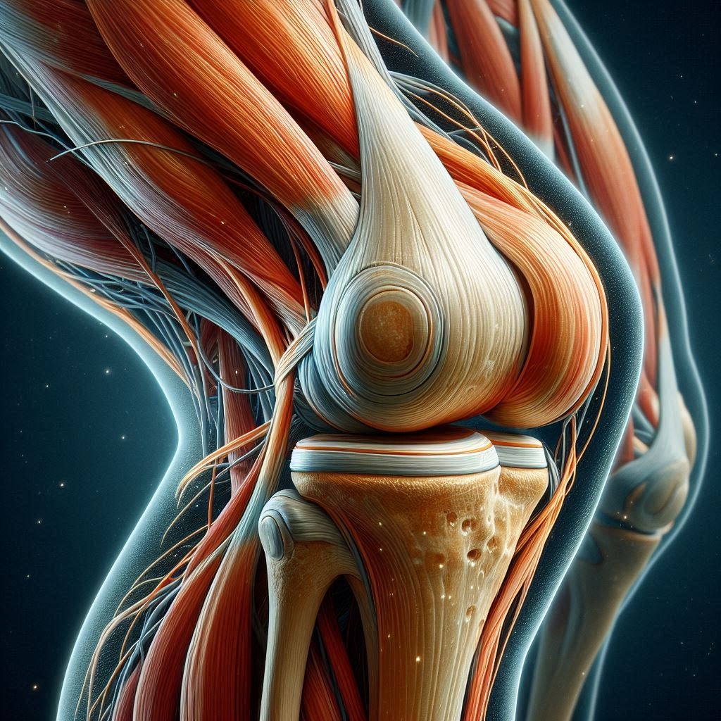 A detailed illustration of a human knee joint, anatomical accuracy
