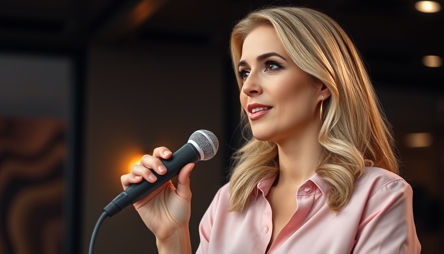 Blonde woman sharing stress reduction techniques, focus on microphone.