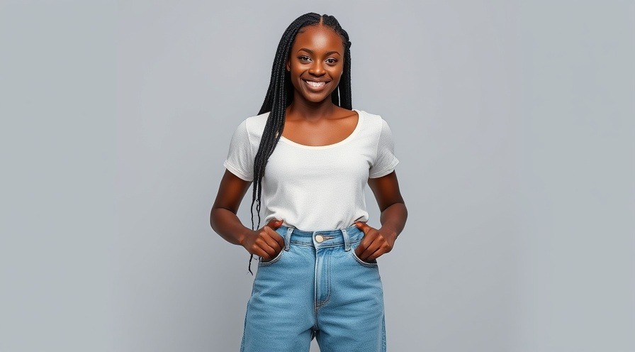 Young black woman promoting sustainable weight loss in a motivated stance.