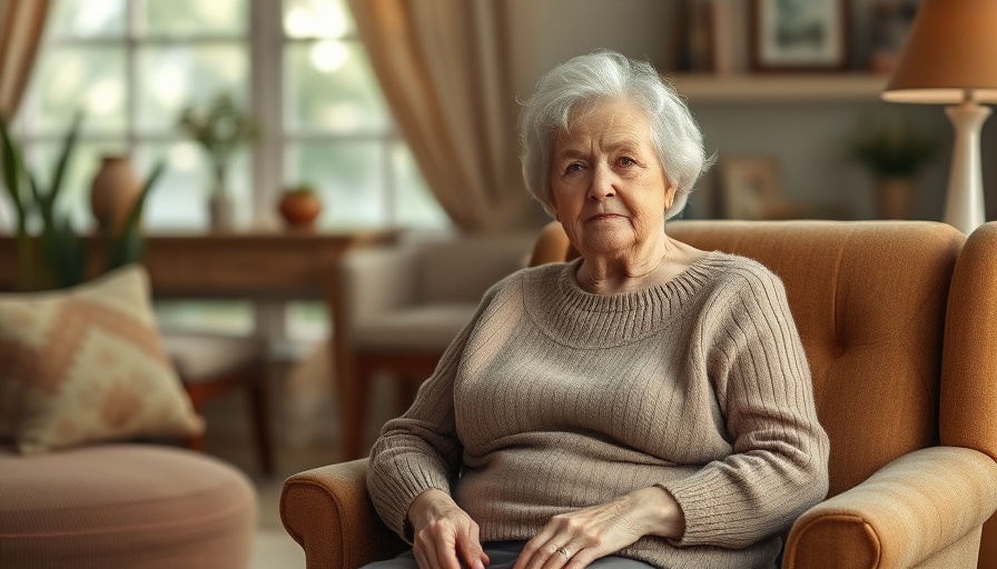 Elderly woman contemplating standing exercise, cozy living room.