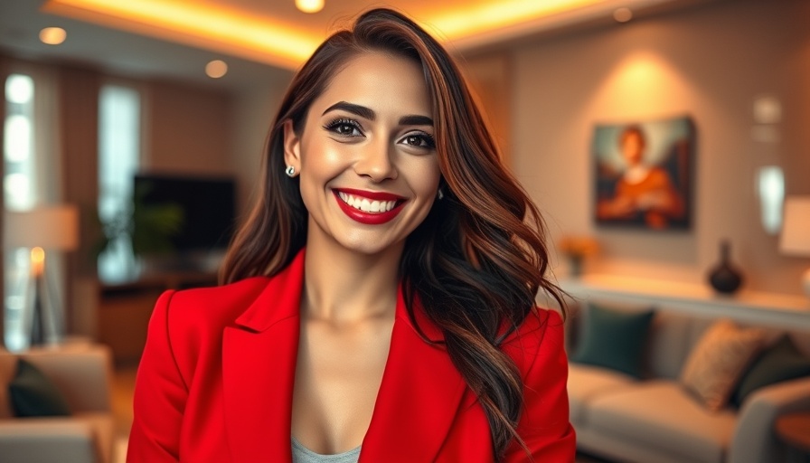 Cheerful woman in a red suit smiling brightly in a stylish room.