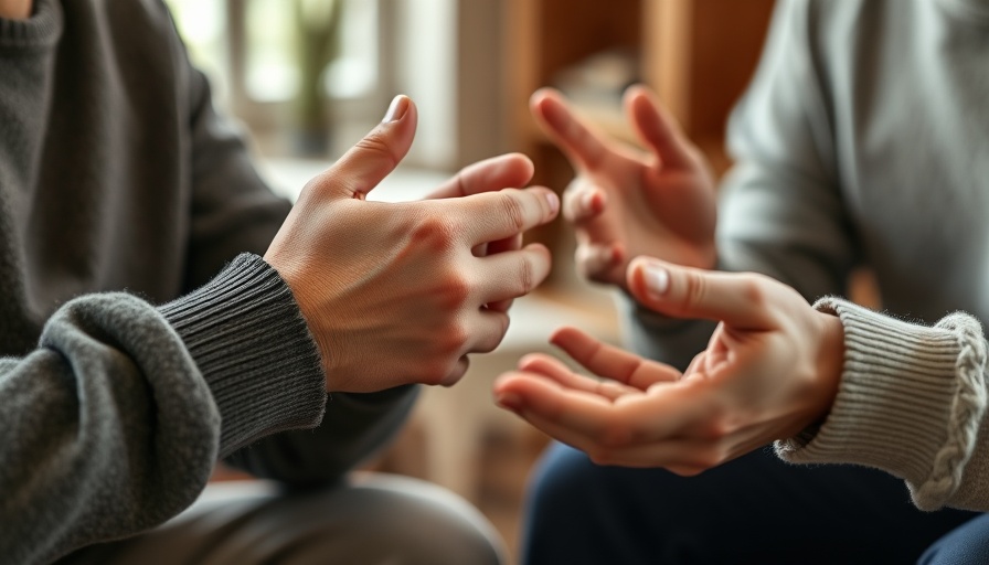 Two people in a supportive discussion, hands gesturing, Behavioral Health Urgent Care Robeson County.