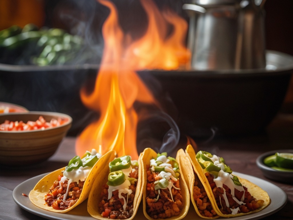 spicy hot tacos as indicated by the fire