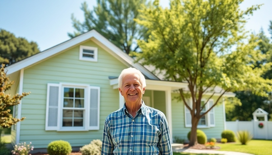 Charming suburban home with elderly couple outside, sunny day.