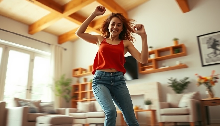 Woman dancing at home to stay fit in a vibrant living room.