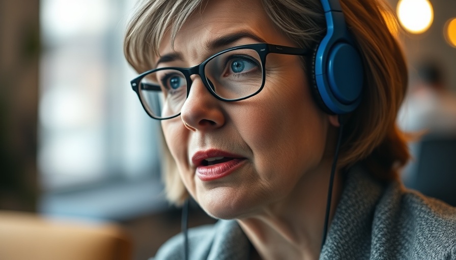 Middle-aged woman discussing children's anxiety management, wearing glasses and headphones.