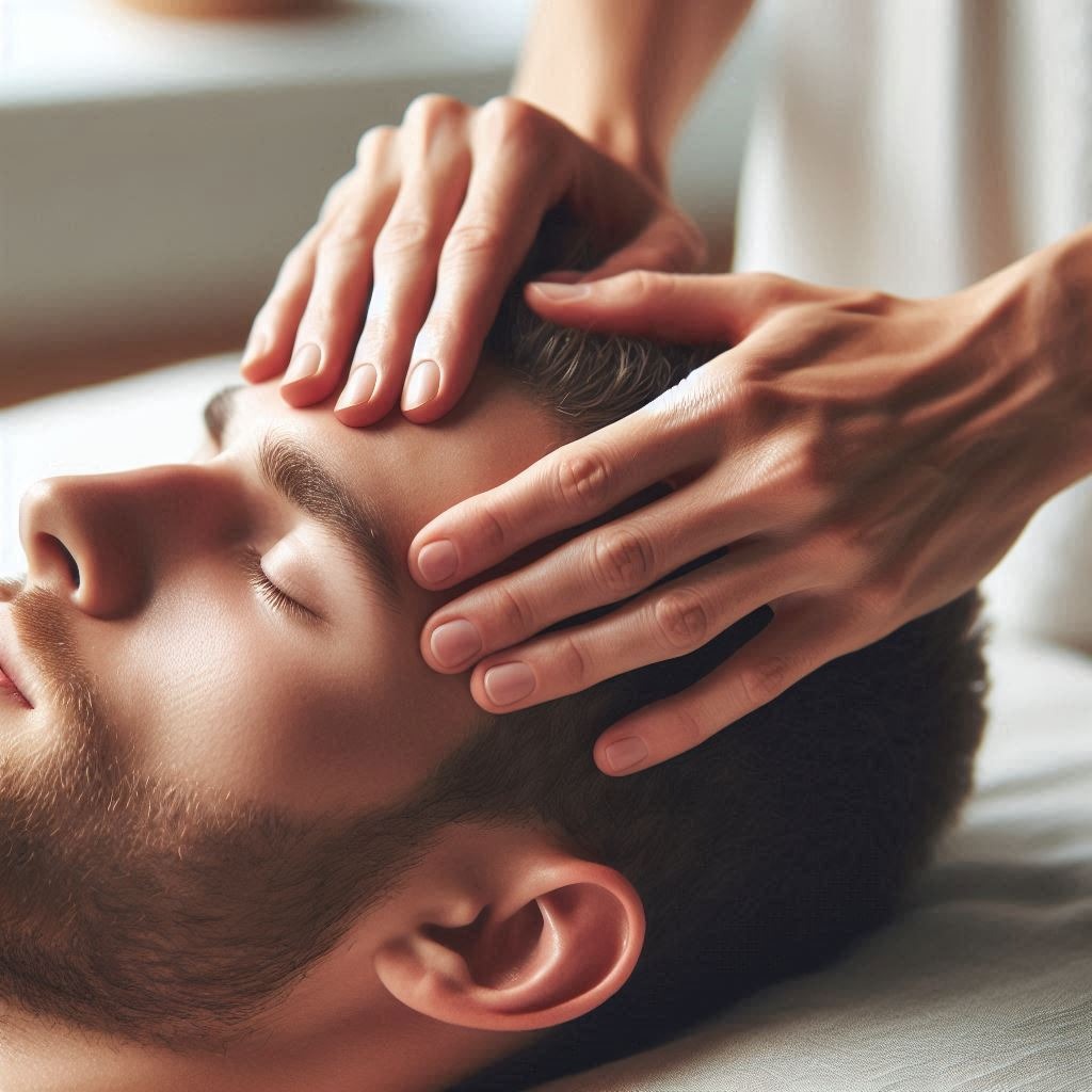 Man receiving craniosacral massage, spa-clinic setting