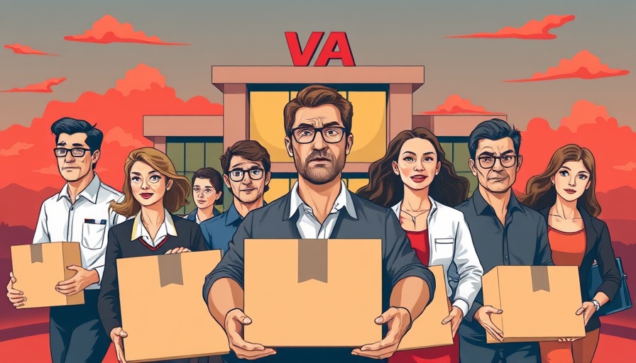 VA employees resigning, walking away from building, vector art.