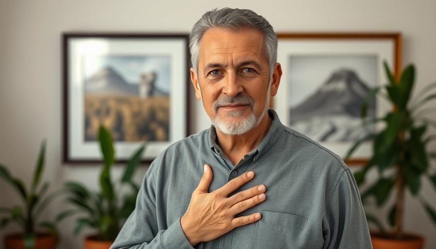 Middle-aged man focusing on heart health, standing indoors.
