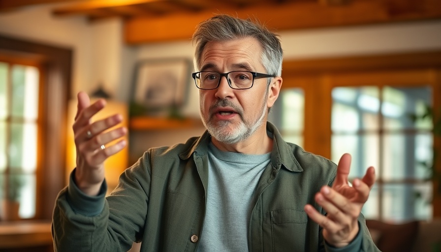 Casual man discussing heart attack symptoms indoors, warm lighting.