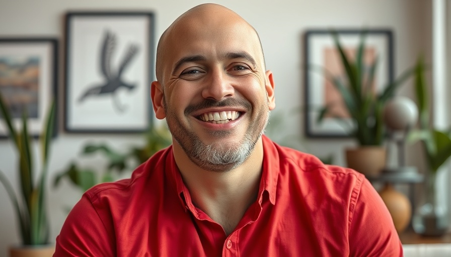 Bald man demonstrates 'Tap Your Lip Calm' indoors.