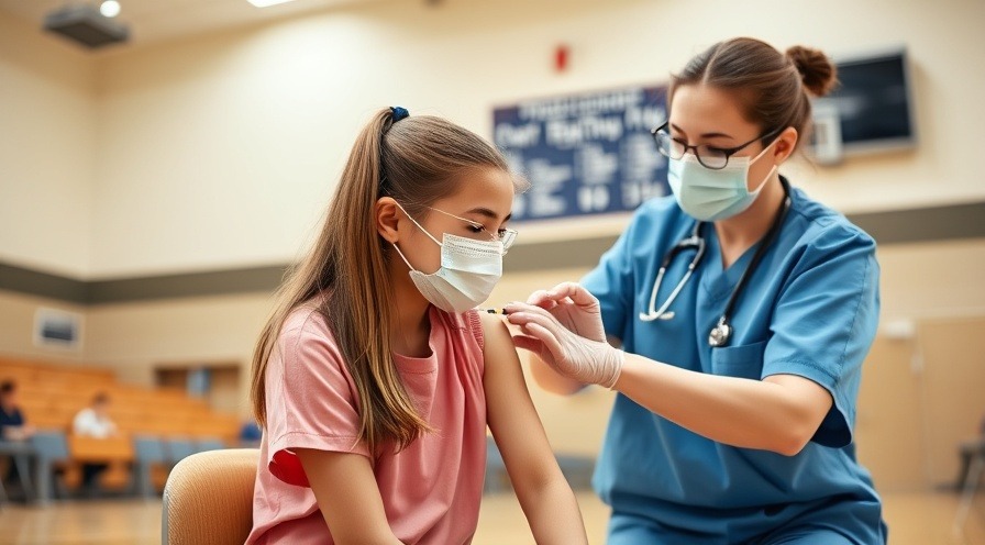 Nurse administering back to school immunizations to a 12-year-old girl in a school gymnasium.