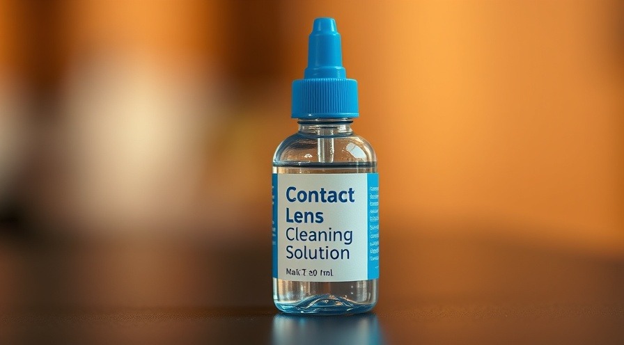 Close-up of hydrogen peroxide contact lens cleaner bottle with blue cap, showcasing benefits of Clear Care Plus.