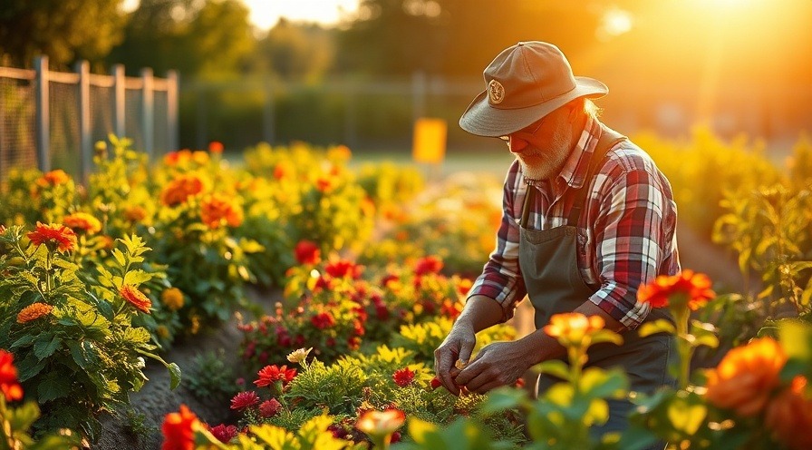 North Carolinian farmer in vibrant community garden showcasing sustainable solutions.