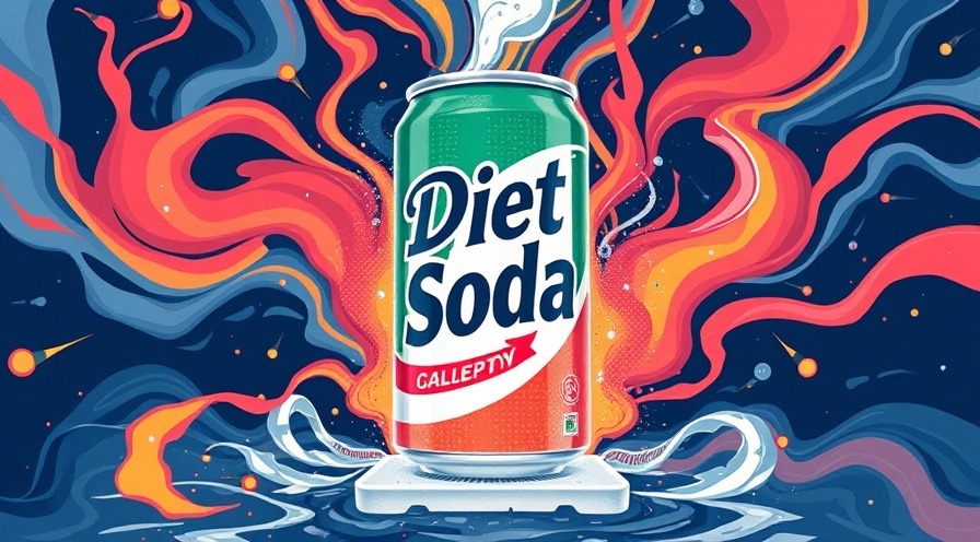 Conceptual illustration of artificial sweeteners' impact on gut health, featuring a soda can and weight scales.