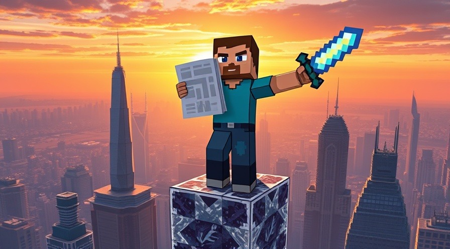 Minecraft player on a diamond skyscraper, holding a blueprint and sword at sunset.