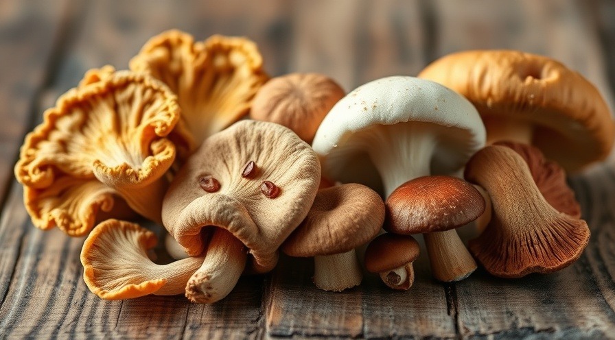 Close-up of medicinal mushrooms: Turkey Tail, Reishi, Shiitake, Maitake on rustic wood.