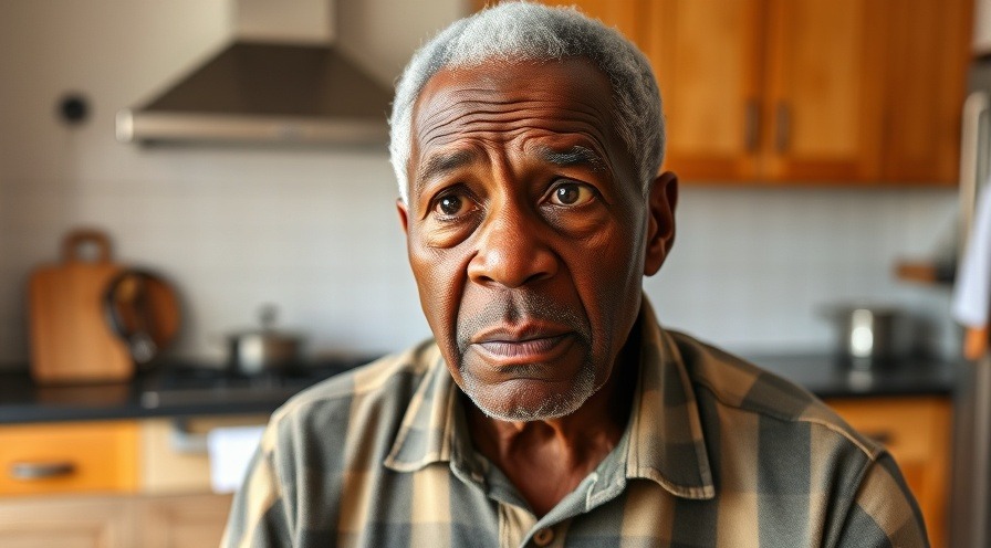 Elderly man in kitchen, concerned about fruit sugar and inflammation, promoting healthy eating.