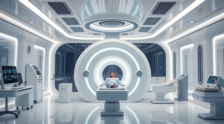 Futuristic proton therapy machine for advanced cancer treatment in a serene facility.