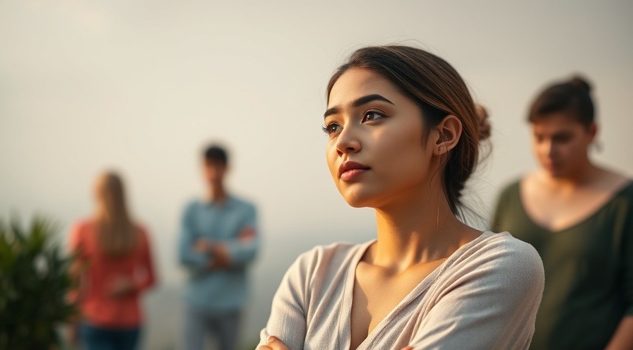 young woman contemplating reproductive health, calming colors, supportive figures.