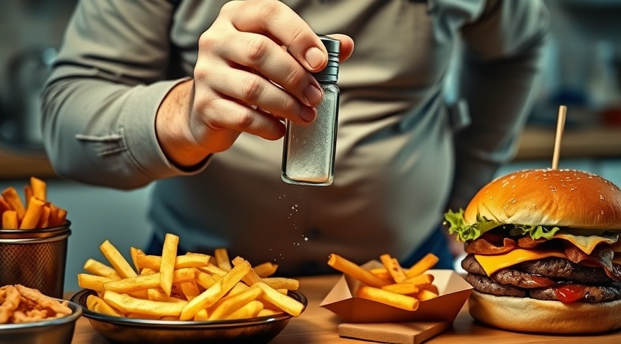 Middle-aged man adding salt to fries, highlighting sodium intake and health risks of salt.