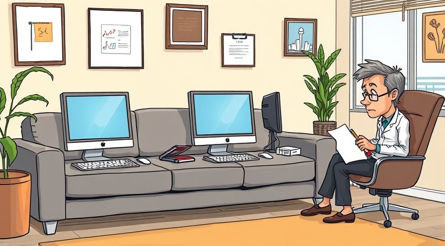 Caricature of 3 desktop computers in a therapist's office with a therapist writing notes.