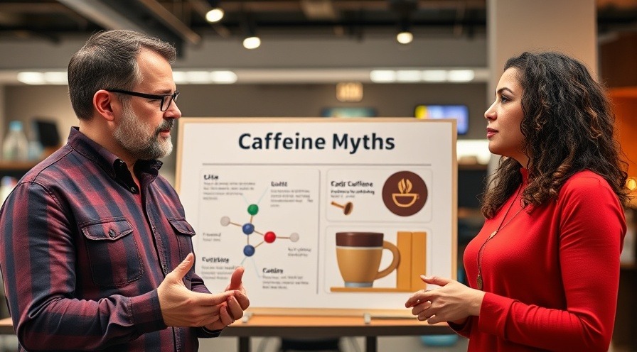 Two individuals discussing caffeine myths with molecular structure and coffee, highlighting caffeine benefits and risks.