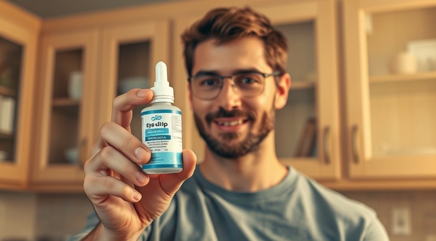 Young man showcasing Lumifi eye drops for red eyes relief indoor.