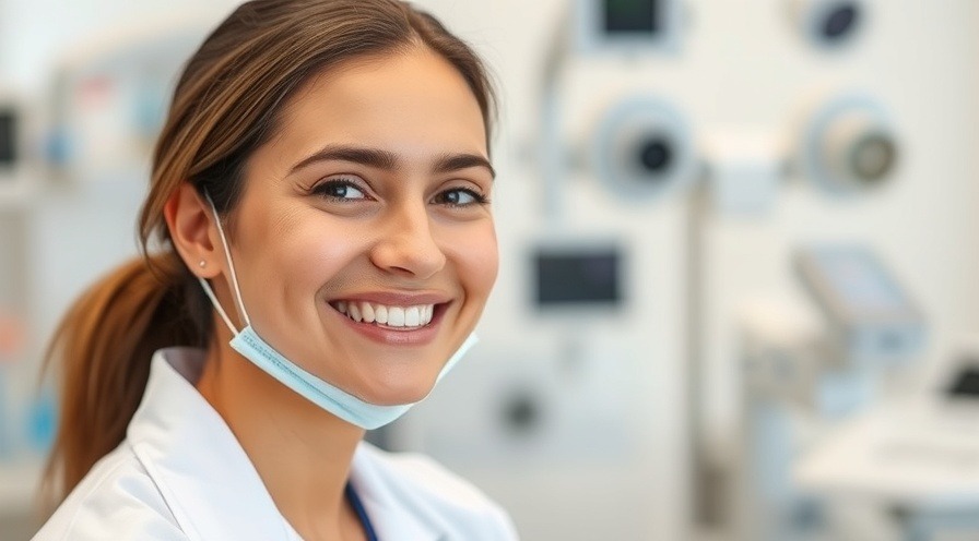 Smiling dermatologist discussing warts treatment options in a blurred exam room.