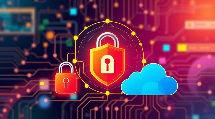 Cybersecurity illustration featuring a digital lock, shield, and cloud icons.