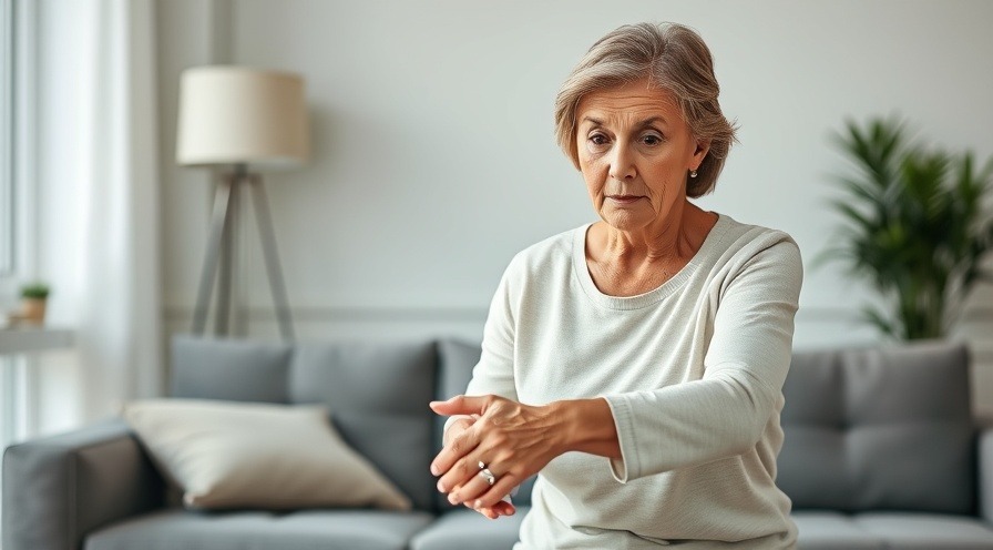 Middle-aged woman demonstrating arthritis pain management exercise indoors.