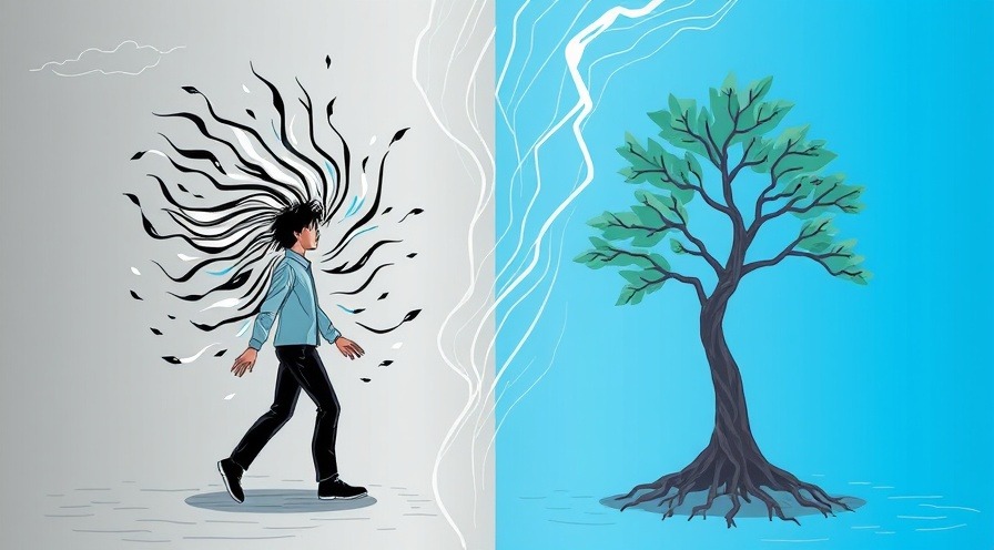 Split-screen illustration showing reactivity vs resilience in a stormy setting.