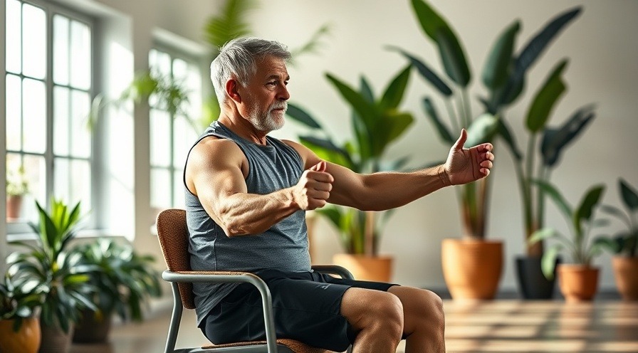 Energetic senior man performing chair fitness exercises in a bright indoor setting.
