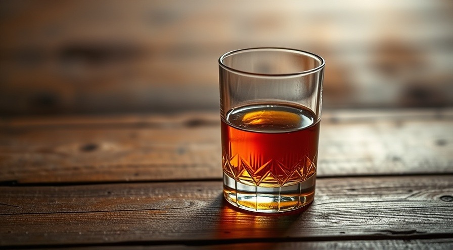 glass of bourbon on a rustic wooden table, promoting responsible drinking.