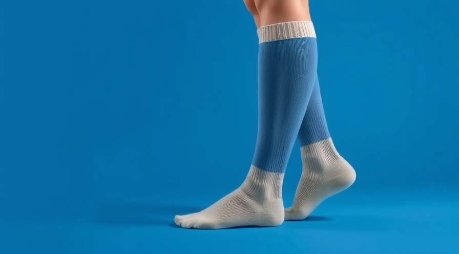 Blue and beige compression socks on a leg for circulation improvement, calm design.