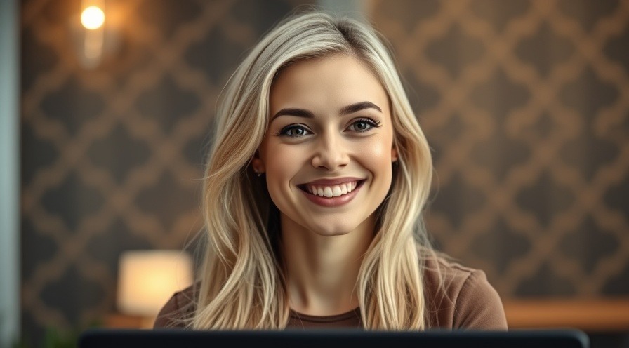 Smiling blonde woman presenting neurotechnology in a warm, professional setting.