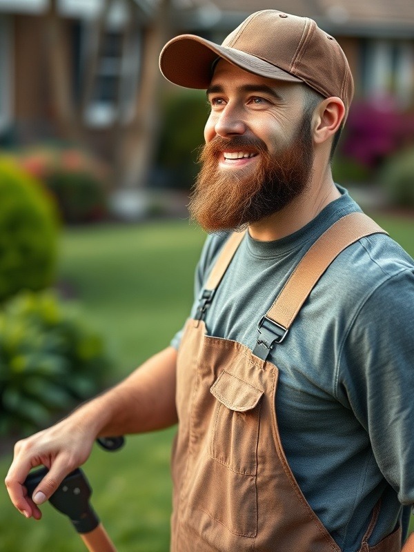 Smiling lawn care provider with a baseball cap