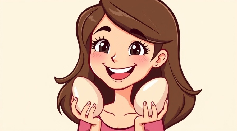 Cheerful cartoon woman holding two eggs symbolizing saline implants and silicone implants.