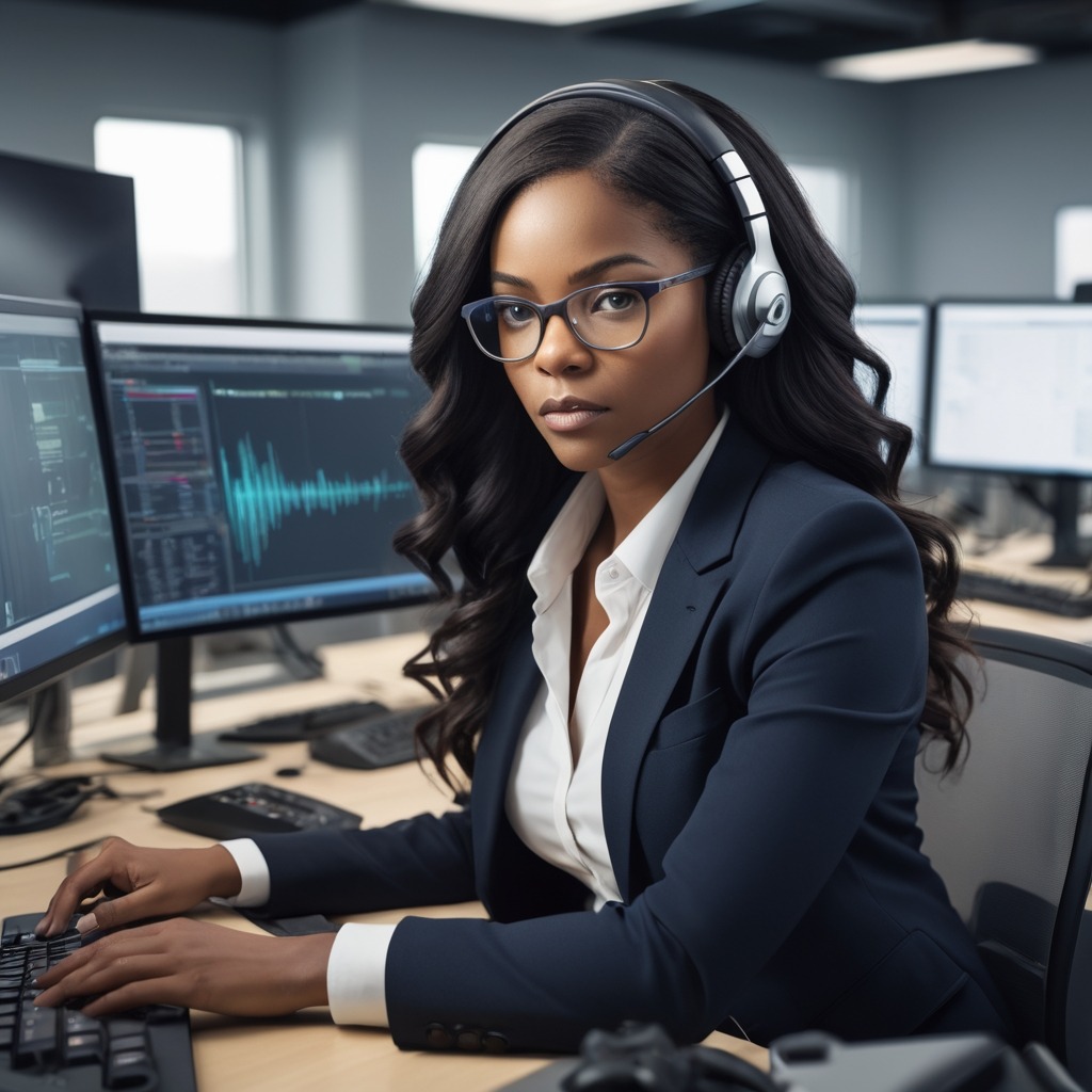 attractive black female help desk technician with glasses