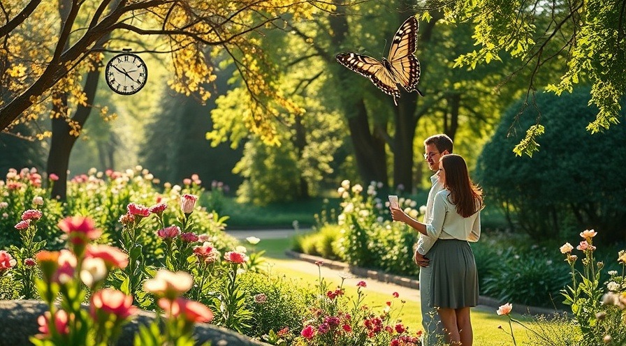 Couple in serene garden, blooming flowers and soft sunlight, symbolizing transformation and tranquility.