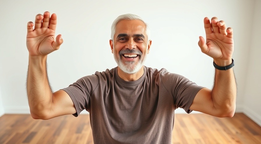Happy senior demonstrating fitness exercises indoors with natural lighting.