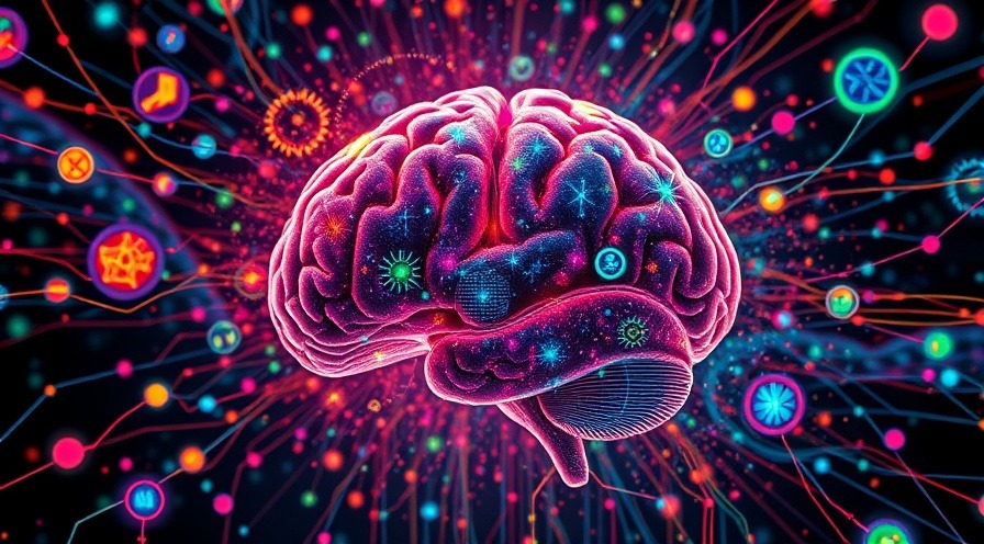 Surreal brain with colorful signals depicting visual snow syndrome and neurological conditions.