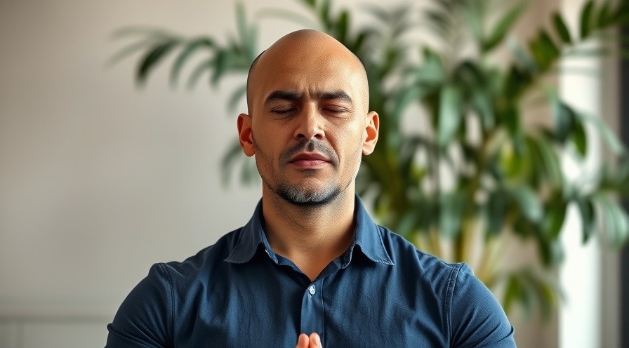Bald man demonstrating lung exercises for stress reduction in a calm indoor setting.