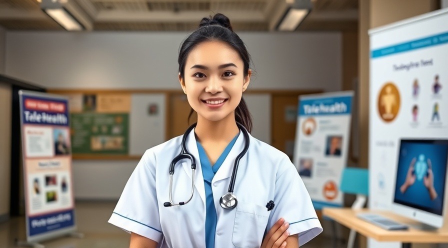 Young woman in medical uniform presenting Cone Health school program's telehealth benefits for students.