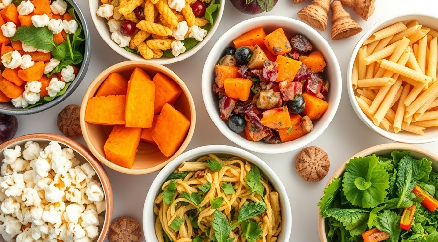 Colorful fiber-rich foods like popcorn and salad promoting healthy snacks for children.