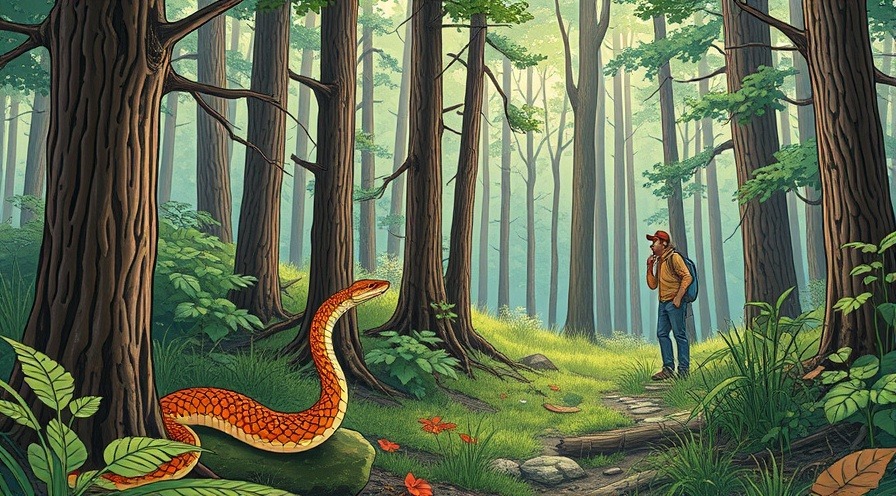 Illustration on snake bites prevention with man in NC forest, vibrant colors.