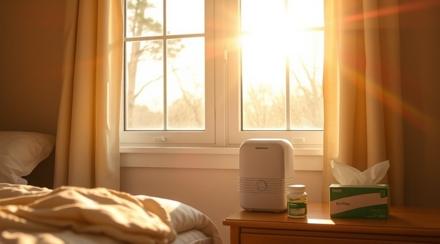 Morning sunlight through a bedroom window highlights yellow pine pollen, showcasing allergy relief.