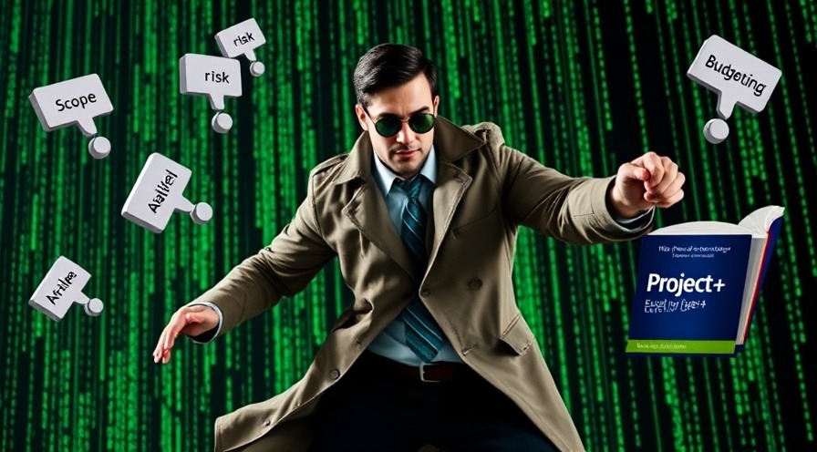 Action-hero project manager dodging test questions on project management amidst Matrix code.