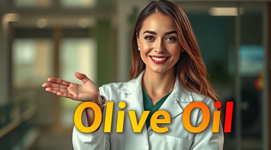 Stylish woman in lab coat showcasing extra virgin olive oil nutrition in a vibrant setting.