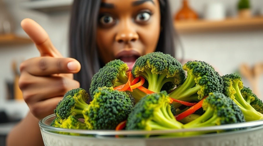 Excited woman discovering the advantages of holistic medicine with steamed broccoli.